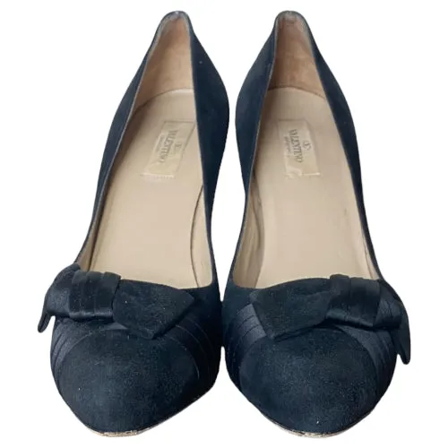 VALENTINO Black Suede Satin Bow Detail Pumps, Size 39
