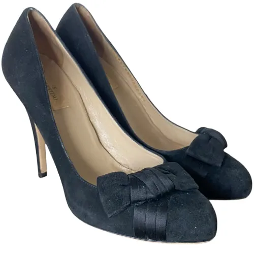 VALENTINO Black Suede Satin Bow Detail Pumps, Size 39