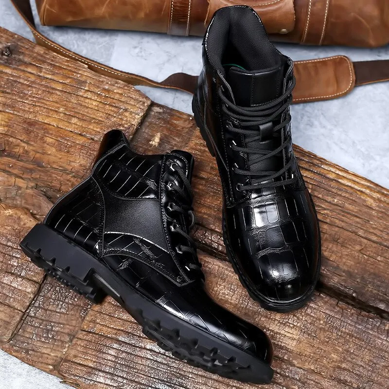 West Louis™ Leather Round Toe Grid Pattern Square Heel Boots