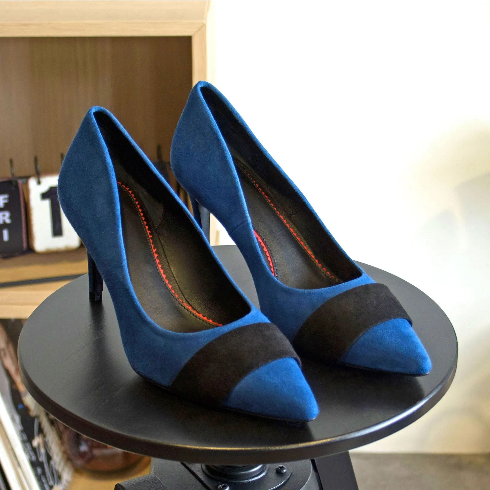 Women's Milan Pointed Toe Leather Heels Wide Plus Size Luxury Black Deep Blue 5241