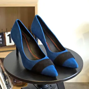 Women's Milan Pointed Toe Leather Heels Wide Plus Size Luxury Black Deep Blue 5241